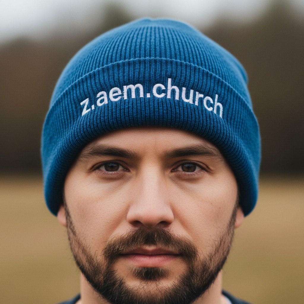 A man with a beard wears a blue beanie embroidered with the text z.aem.church.